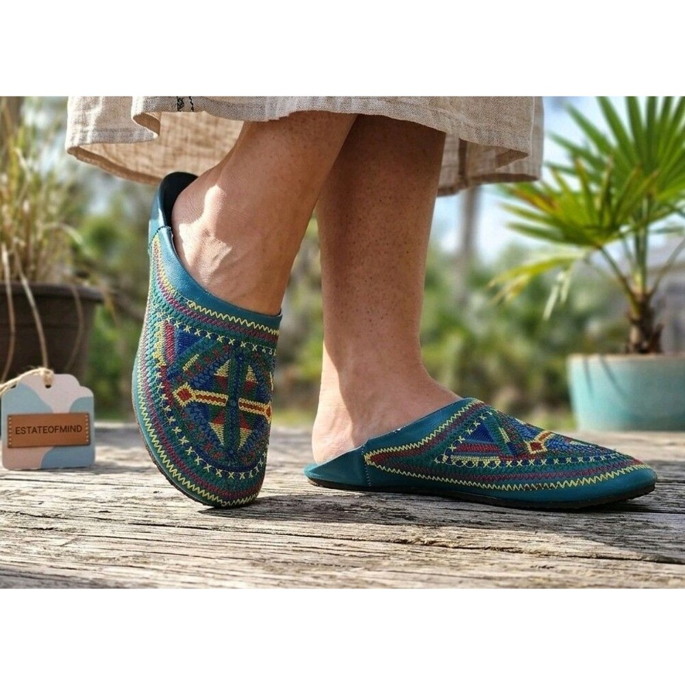 Vtg Moroccan Babouche Slippers Womens 39 US 8.5 Teal Leather Embroidered Mules